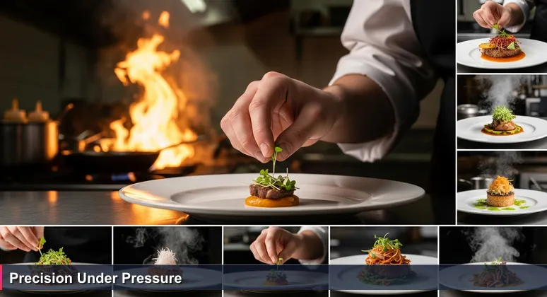 A close-up of a young chef's hands carefully placing a microgreen on a pristine dish, with a bustling, chaotic kitchen visible in the background.