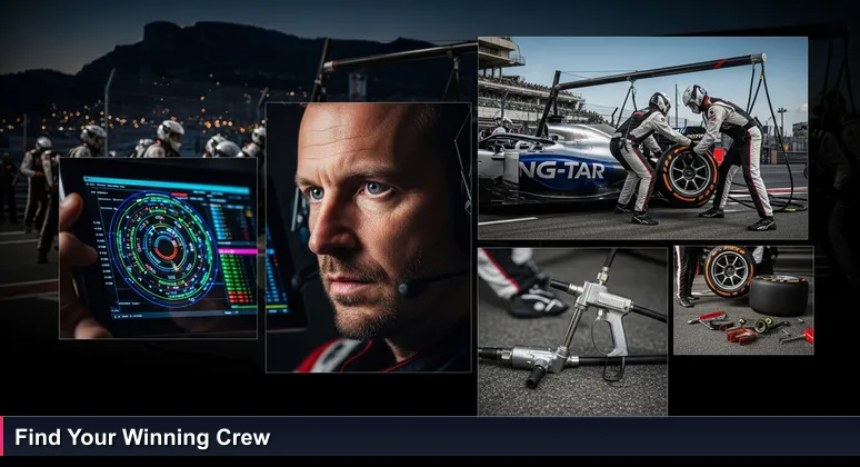 A Formula 1 pit stop at the Monaco Grand Prix, with mechanics working in synchronized chaos, symbolizing the essential support networks for women in tech careers in Monaco.