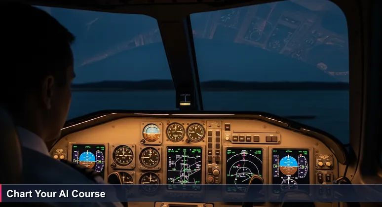 A night cockpit scene during a storm, with glowing instrument panels displaying AI career data, symbolizing navigation through San Jose's 2026 job market.