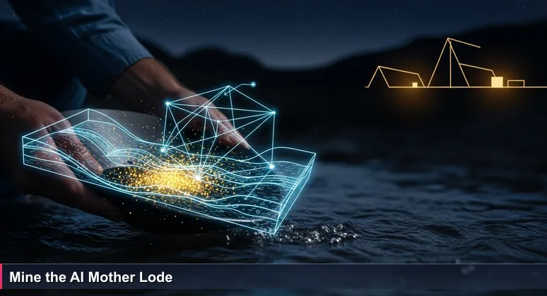 Weathered hands panning for gold in a stream with a mining camp in background, symbolizing the hunt for AI careers in San Jose's 2026 tech market.