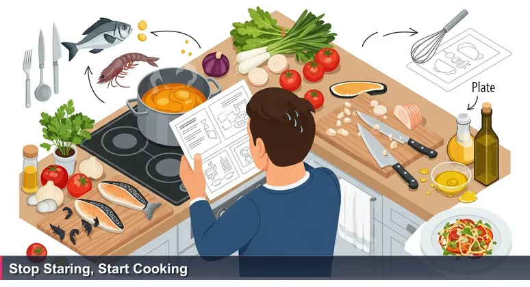 A frustrated person in a messy kitchen holding a complex recipe card, symbolizing the gap between learning AI skills and executing real-world projects in Silicon Valley.