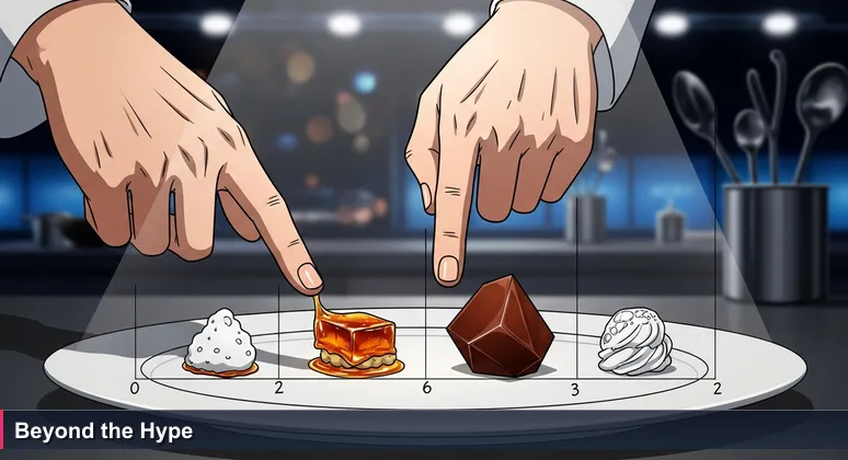 A cooking judge's hand analyzing deconstructed dessert layers on a plate, metaphor for evaluating AI startups' core tech in San Jose.