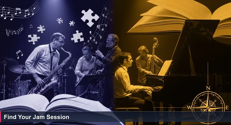 A jazz band improvising on a dimly lit stage, representing collaborative AI networking in San Jose's tech community