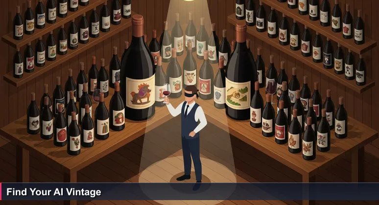 A blindfolded sommelier holding a glass of wine, surrounded by many bottles, symbolizing the choice among top AI companies in San Jose, CA.