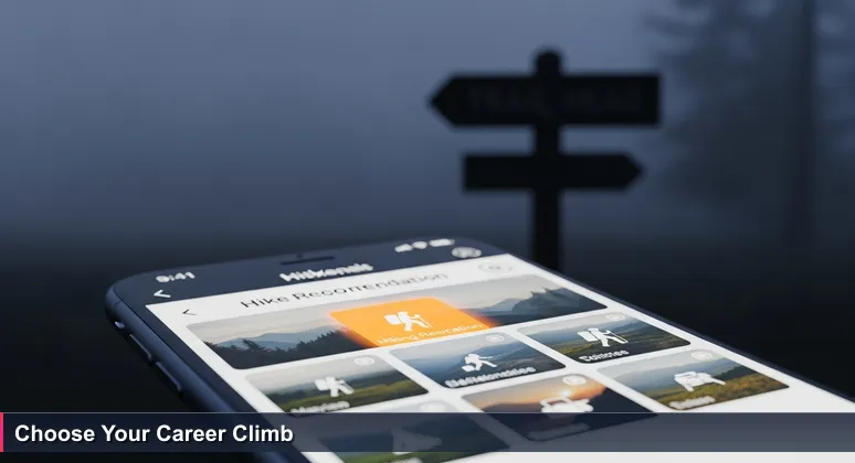Close-up of a smartphone at a Silicon Valley trailhead, showing a ranked list of hikes on screen, with a trail sign blurred in the background pointing differently.