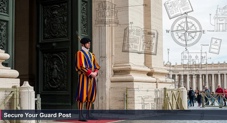 A Swiss Guard at the Vatican, symbolizing cybersecurity professionals guarding Silicon Valley's digital sovereignty in San Jose, CA.