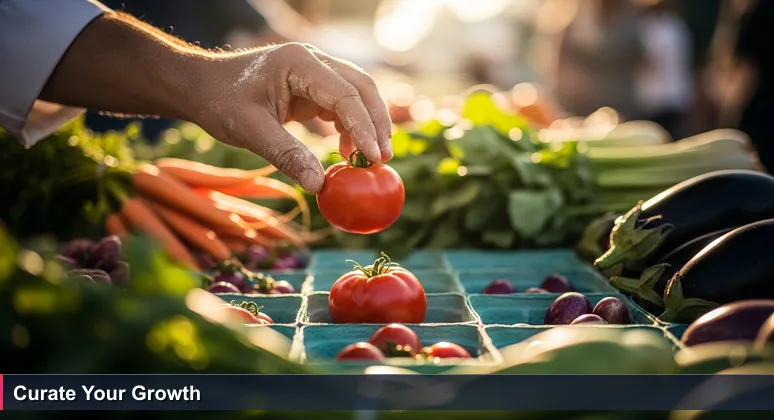 A chef's hands selecting a vibrant tomato at a farmer's market, symbolizing the intentional choice of coworking spaces in San Jose's tech ecosystem.