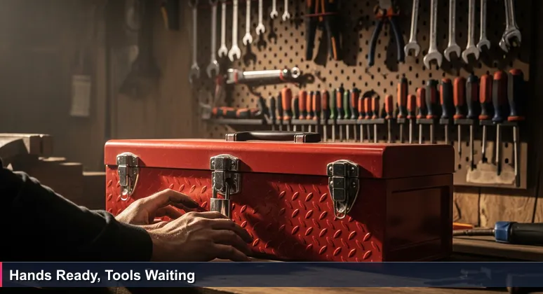 A locked red toolbox on a garage workbench with sunlight on oil-smudged hands, symbolizing the unlock of tech careers in San Jose without a degree.