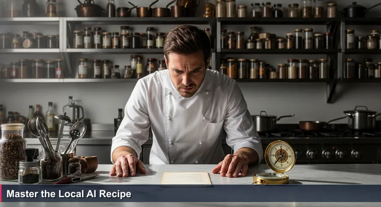A chef in a modern kitchen surrounded by global spices, focusing on a recipe card for building an AI career in Stamford, CT with local industry symbols.