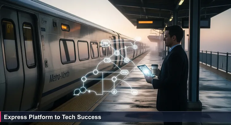 A confident tech professional on Stamford's train platform at sunrise, reviewing AI models on a tablet as a Metro-North train approaches in the background.