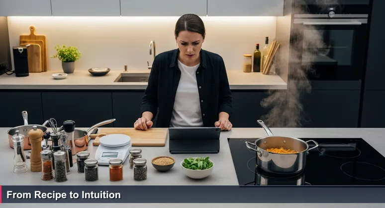 A frustrated person in a modern Stamford kitchen uses a tablet to follow a recipe, surrounded by high-tech tools, with a bland dish on the stove, symbolizing the gap between following steps and mastering AI intuition.