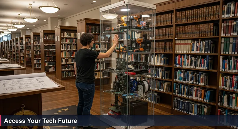 A determined individual reaching towards a glass case filled with tech tools like circuit boards and 3D printers, symbolizing access to funded training in Stamford.