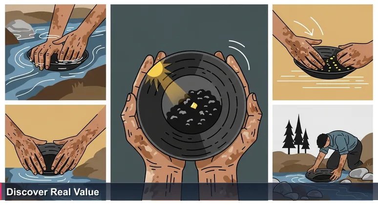 A prospector's hands carefully panning river sediment in a Connecticut stream, with one fleck of gold visible, representing the discovery of genuine AI startups in Stamford.