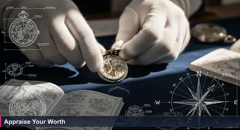 An appraiser's hands in white gloves examining a vintage pocket watch's gears, symbolizing the detailed analysis of AI salary components in Stamford, CT.
