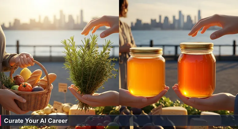Close-up of hands at a Stamford farmers market choosing between fresh herbs and local honey in a woven basket, with the New York City skyline visible in the background.