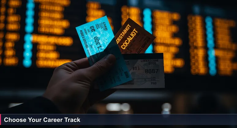 Close-up of hands holding two train tickets at Stamford Metro-North station, one for NYC express and one for local CT, symbolizing career path choices between commuter and local tracks.