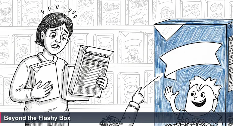A shopper in a Stamford grocery aisle looking overwhelmed while comparing cereal boxes, symbolizing the challenge of choosing an AI bootcamp.