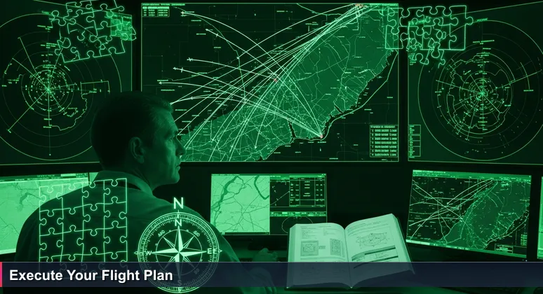 An air traffic controller at Bradley International Airport at night, focused on a radar screen with glowing flight paths over Connecticut, symbolizing cybersecurity job navigation in Stamford.
