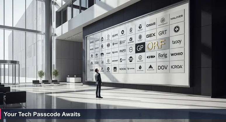 A person in a modern Stamford corporate lobby looking up at a directory of tech company logos, symbolizing access to free tech training resources.