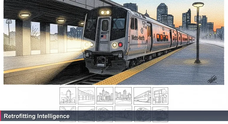 A silver Metro-North train arriving at Stamford Transportation Center at dawn, with Stamford's corporate skyline reflected in the window.