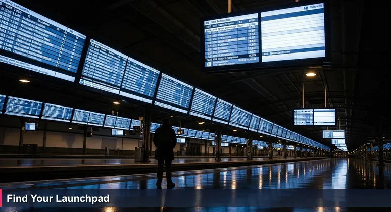 A tech professional at Stamford Transportation Center pondering digital departure boards, symbolizing strategic workspace choices for innovation.