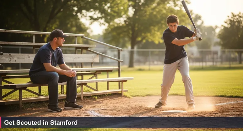 A baseball scout in bleachers at Cove Island Park, Stamford, watching an unsigned player during batting practice, symbolizing tech talent scouting for non-degree roles.