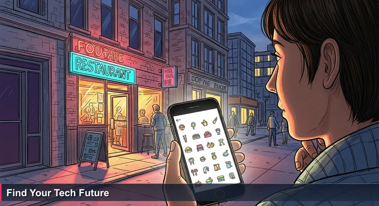 A young professional on a Stamford sidewalk at dusk, looking at a smartphone showing a top 10 tech startups list, with modern office buildings and neon signs in the background.