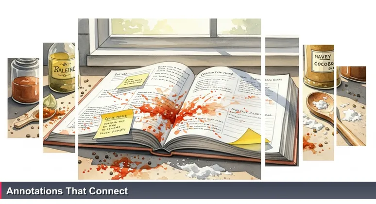 An open, well-used cookbook with stained pages and handwritten notes in the margins, representing active women in tech communities in Stamford, Connecticut.