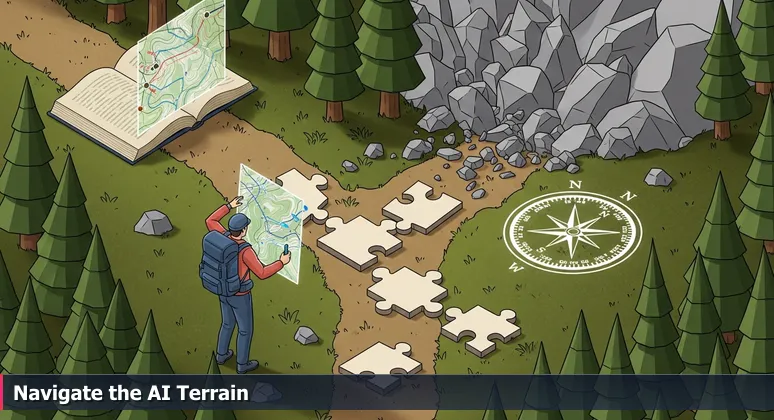 A hiker at a trail fork on Lookout Mountain, holding a map that charts AI career paths in Chattanooga, TN, with EPB's network lines overlay.