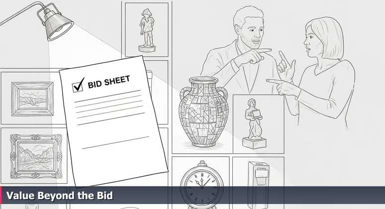 Close-up of a silent auction bid sheet with a high bid number, with two people discussing value in the background, symbolizing tech job offers in Chattanooga.