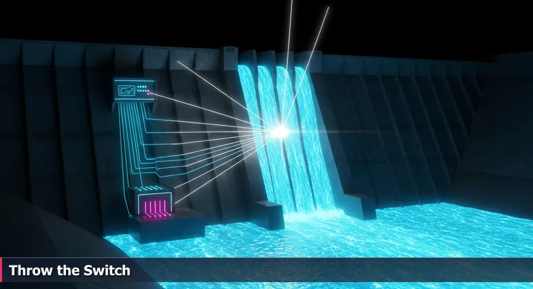 A modern hydroelectric dam on a river with a control station, symbolizing Chattanooga's tech infrastructure and career potential in 2026.