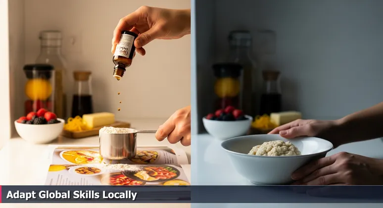 Hands following a recipe from a cookbook with bland food on the counter, symbolizing the AI learning gap in a modern kitchen.