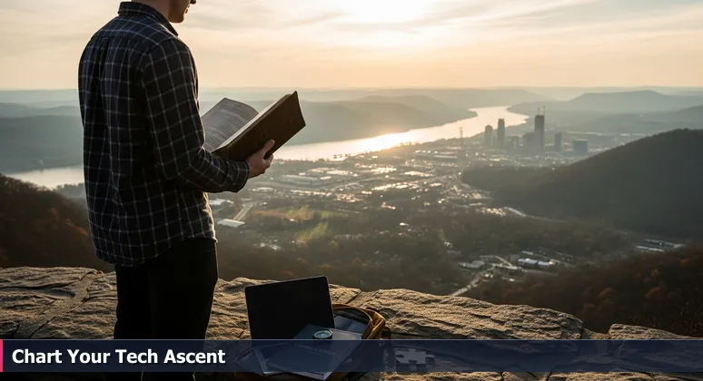 A person on Lookout Mountain overlooking Chattanooga, holding a map and gazing at the city skyline, with tech gear in an open backpack.