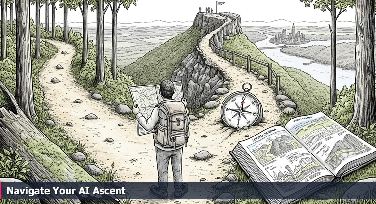 A hiker at a trail fork on Lookout Mountain holding a topographic map, with Chattanooga's skyline in the background, symbolizing strategic career choices in AI.