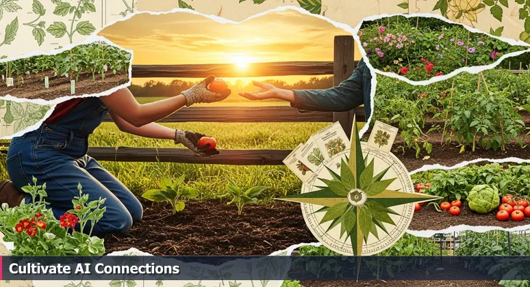 A gardener in Chattanooga exchanging a ripe tomato with a neighbor over a wooden fence, symbolizing AI community collaboration and networking growth.