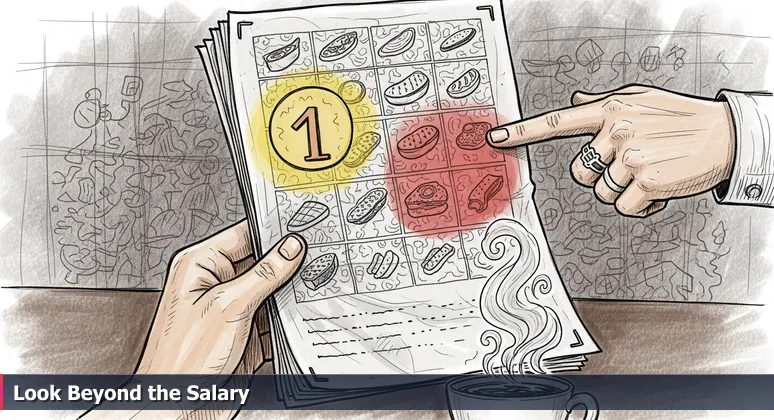 Close-up of a hand holding a restaurant menu, focusing on the price while other dish details are blurred.