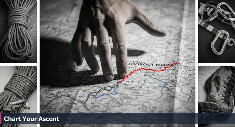 A climber's chalk-dusted hand tracing potential ascent routes on a detailed topographical map of Lookout Mountain, symbolizing career paths in Chattanooga's tech industry.