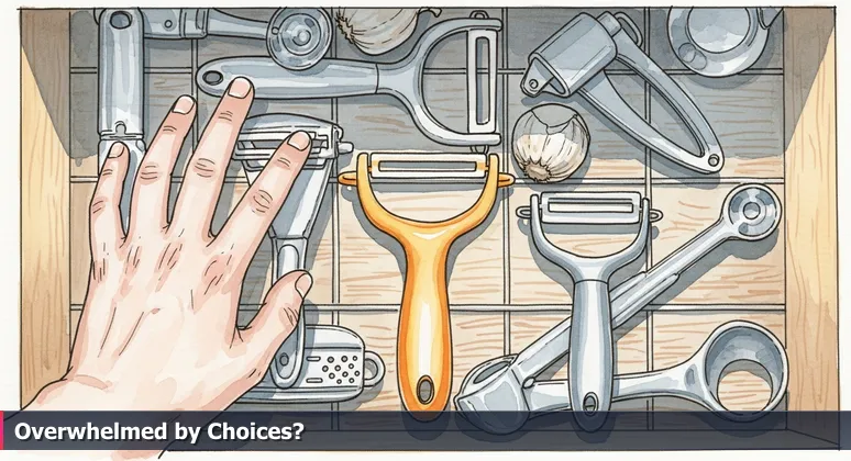 A person hesitating over a cluttered kitchen drawer full of tools, symbolizing the overwhelming choice of AI bootcamps in Chattanooga.