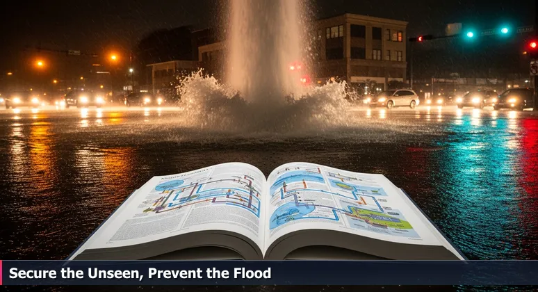 A water geyser erupts from a broken pipe on a Chattanooga street, flooding the intersection as building lights go dark, symbolizing hidden cyber threats.