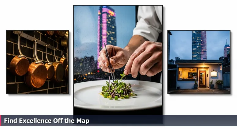 Chef's hands plating a gourmet meal in a humble Chattanooga kitchen, with a blurred glossy restaurant in the background, symbolizing unexpected AI career opportunities in local industries.