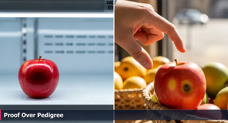 A hand hesitating between a polished, expensive apple and a natural, affordable apple, symbolizing the shift from degree-based to skills-based hiring in Chattanooga's tech industry.