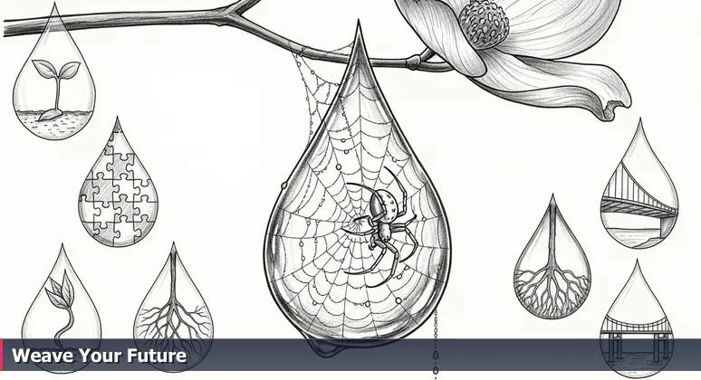 A close-up of a glistening spiderweb at dawn in a Chattanooga backyard, symbolizing the interconnected and resilient women in tech networks.