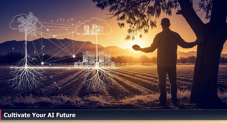 A farmer at dawn in a Las Cruces pecan orchard, holding Rio Grande valley soil with the Organ Mountains and a modern AI data center in the background, symbolizing the blend of natural and technological growth in AI careers.