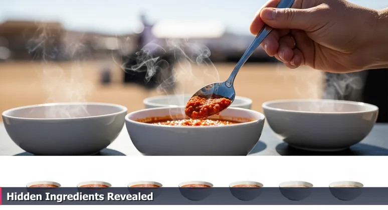 A close-up of a judge's hand dipping a spoon into a bowl of red chili at a desert cook-off, with steam rising and identical bowls in the background, symbolizing hidden value in tech salaries.