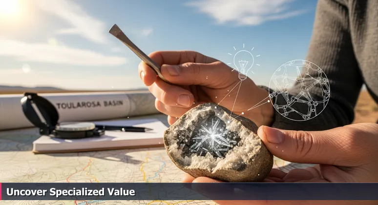 Geologist's hands in a desert field station revealing a crystal inside a rock, symbolizing hidden tech career opportunities in Las Cruces, NM for 2026.