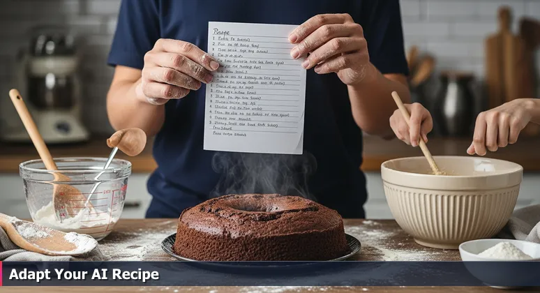 Flour-dusted hands holding an AI recipe card next to a collapsed cake, symbolizing the gap between generic guides and Las Cruces-specific AI career success.