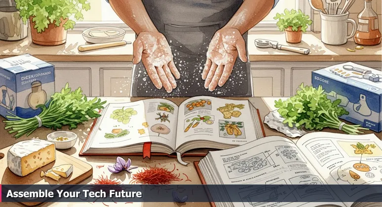 Hands with flour over an open cookbook, with expensive ingredients like saffron and cheese, symbolizing the complexity of assembling funding for tech education in Las Cruces.