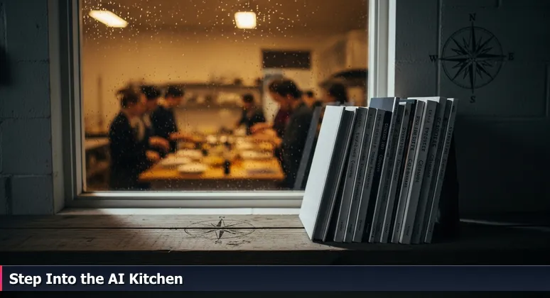 A shelf of unused cookbooks next to a window showing a lively community kitchen where people cook together, symbolizing AI learning through collaboration in Las Cruces.