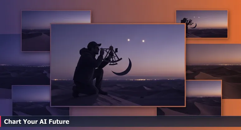 A desert guide kneeling in the Chihuahuan Desert at twilight, using a sextant to observe stars over Las Cruces, symbolizing navigation of AI engineering careers in the region.