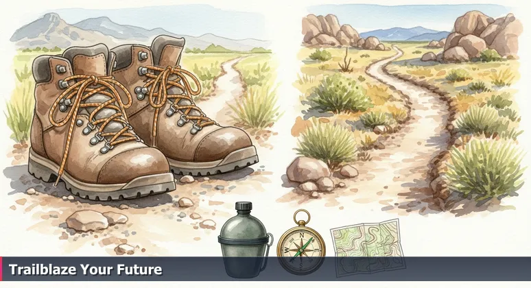 Two hiking boots at a trailhead in the Organ Mountains, one pointing to a busy path and the other to a hidden route, symbolizing tech career choices in Las Cruces.